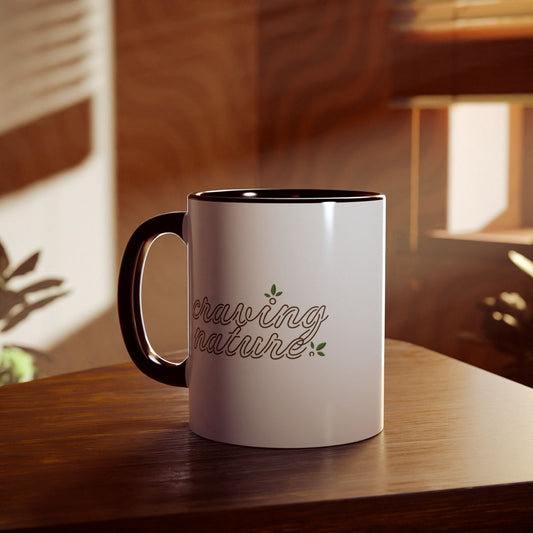 Black (night) accent mug inside & on handle with white outside, example on wood table in dark room with subtle sunlight.