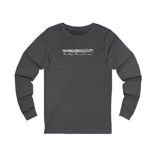Rocky Mountains Long Sleeve Tee in colour "asphalt" with white DTG print of Rocky Mountains and "craving nature" text.