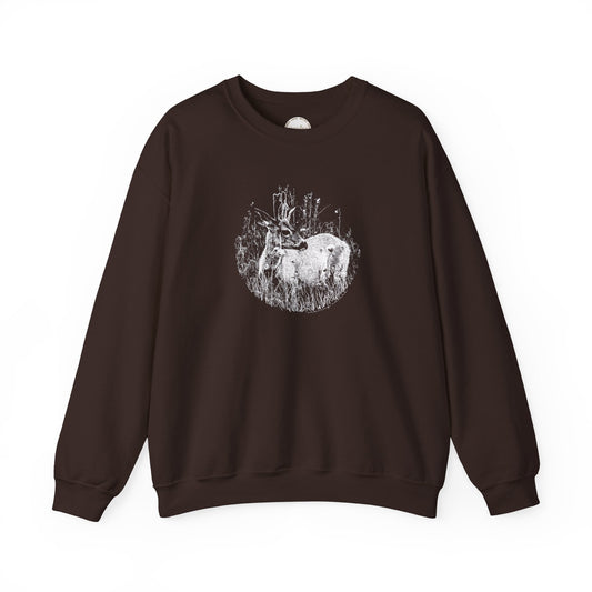 Retro 'Young Buck' Design printed in white on 'dark chocolate' colour fabric. Vintage Deer Crewneck Sweatshirt, Heavy Blend
