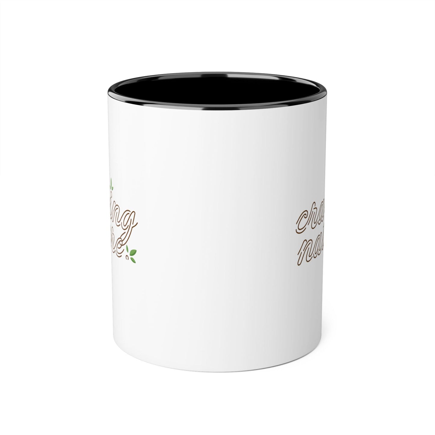 View with handle behind - Black (night) accent mug inside & on handle with white outside & craving nature design.