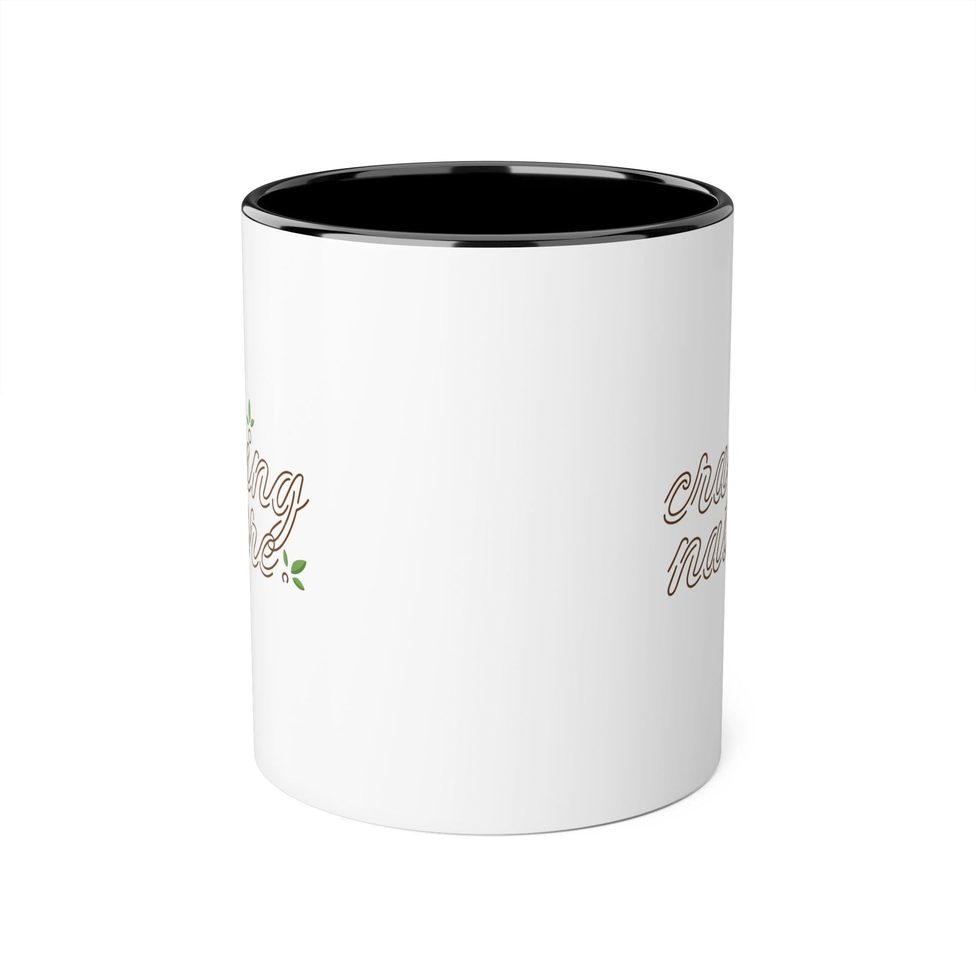 View with handle behind - Black (night) accent mug inside & on handle with white outside & craving nature design.