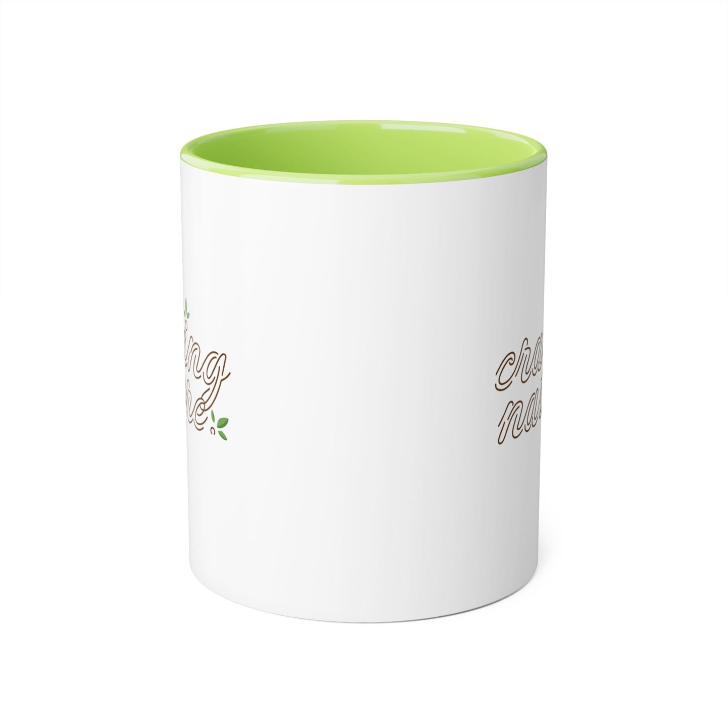 View with handle behind - Green (day) accent mug inside & on handle with white outside & craving nature design.