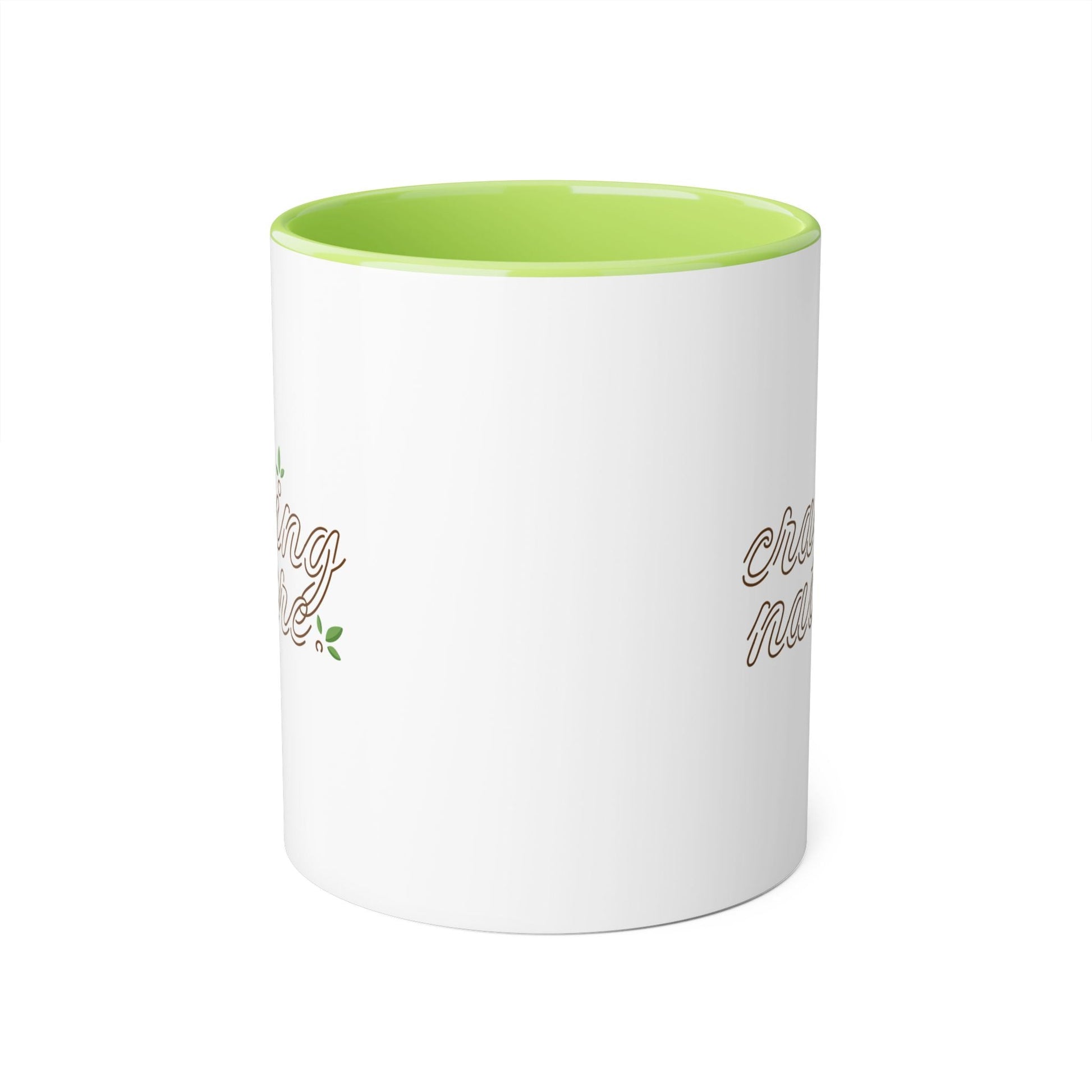 View with handle behind - Green (day) accent mug inside & on handle with white outside & craving nature design.