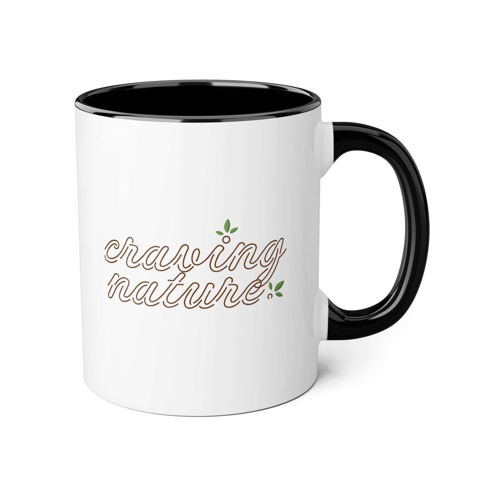 Mug: Black (night) accent inside & on handle with white outside, 11oz with 'craving nature' design on front and back