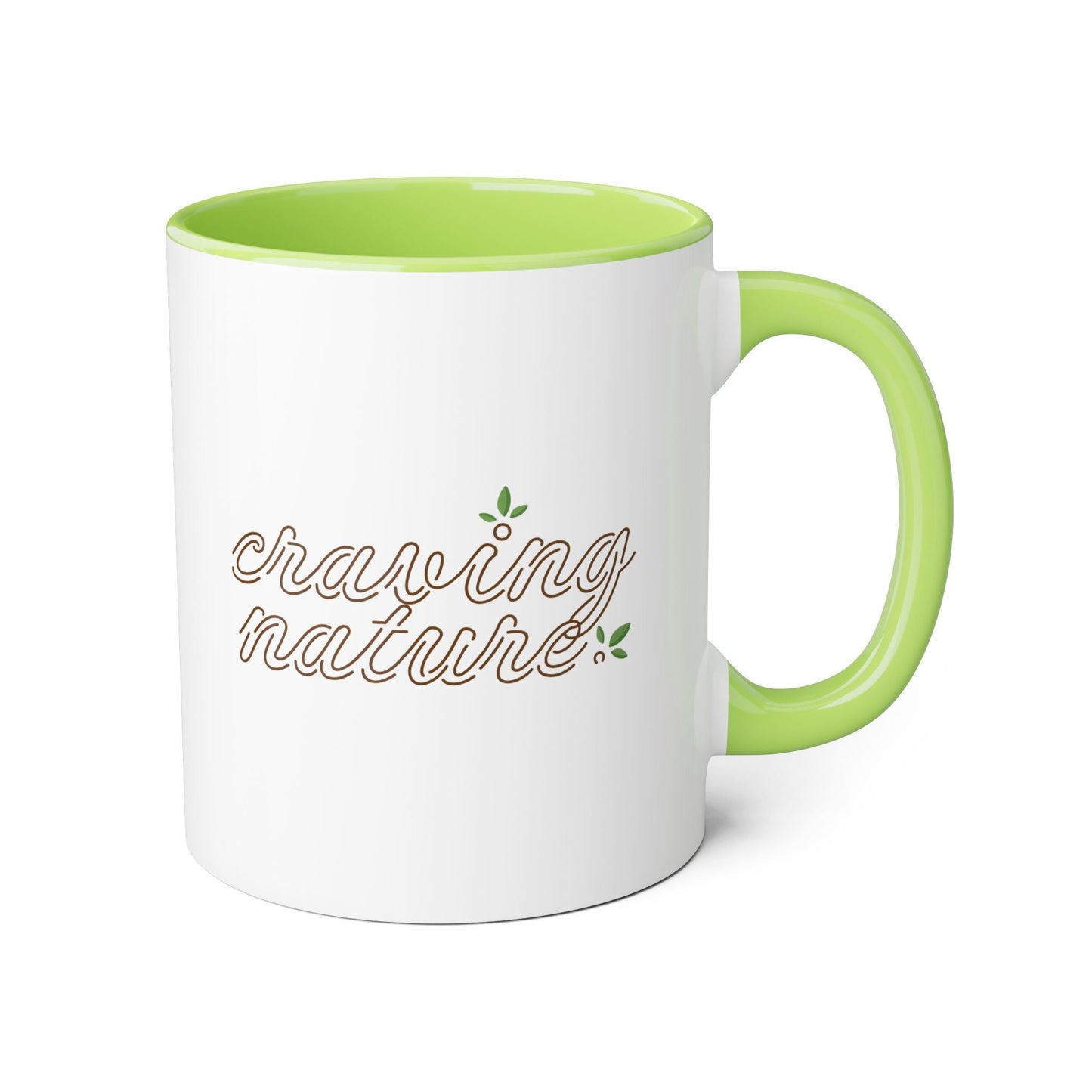 Mug: Green (day) accent inside & on handle with white outside, 11oz with 'craving nature' design on front and back