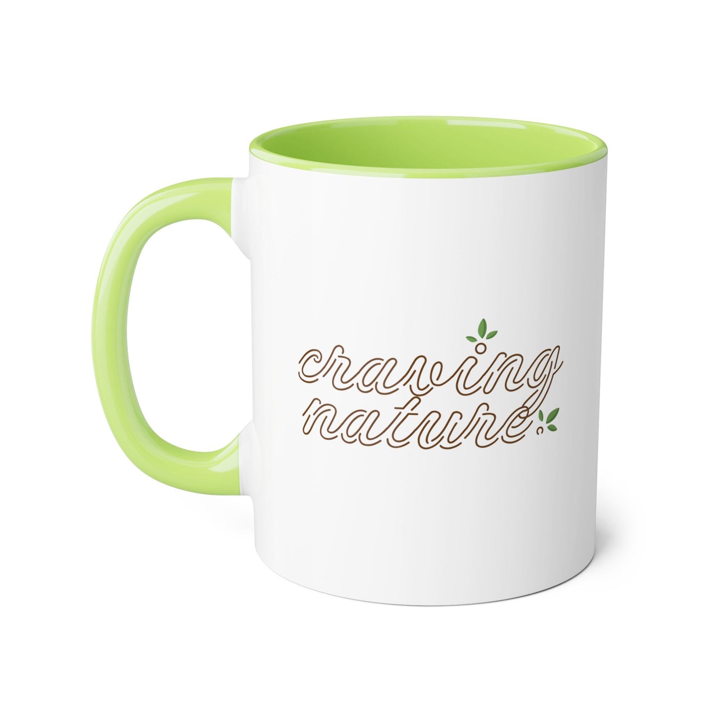 View with handle on left - Green (day) accent mug inside & on handle with white outside & craving nature design.
