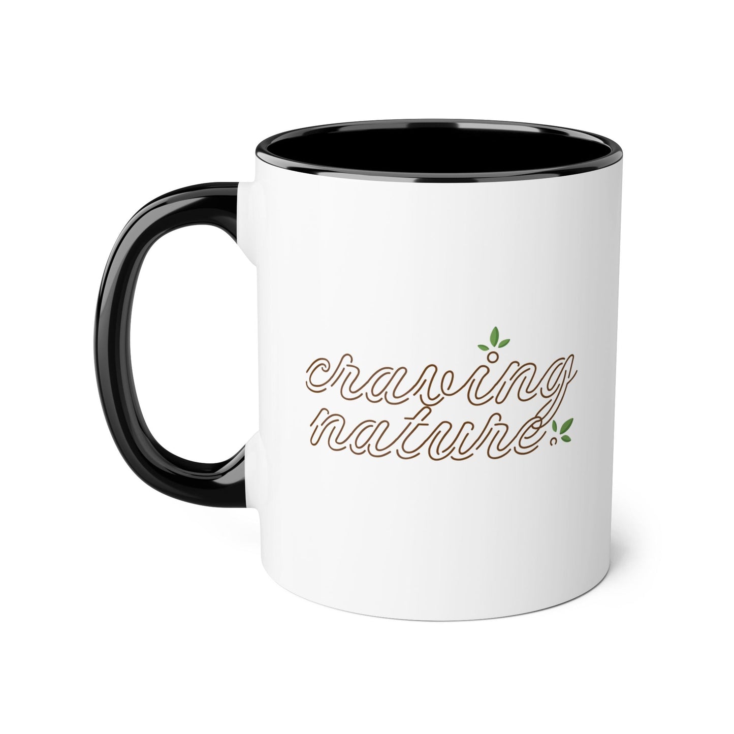 View with handle on left - Black (night) accent mug inside & on handle with white outside & craving nature design.