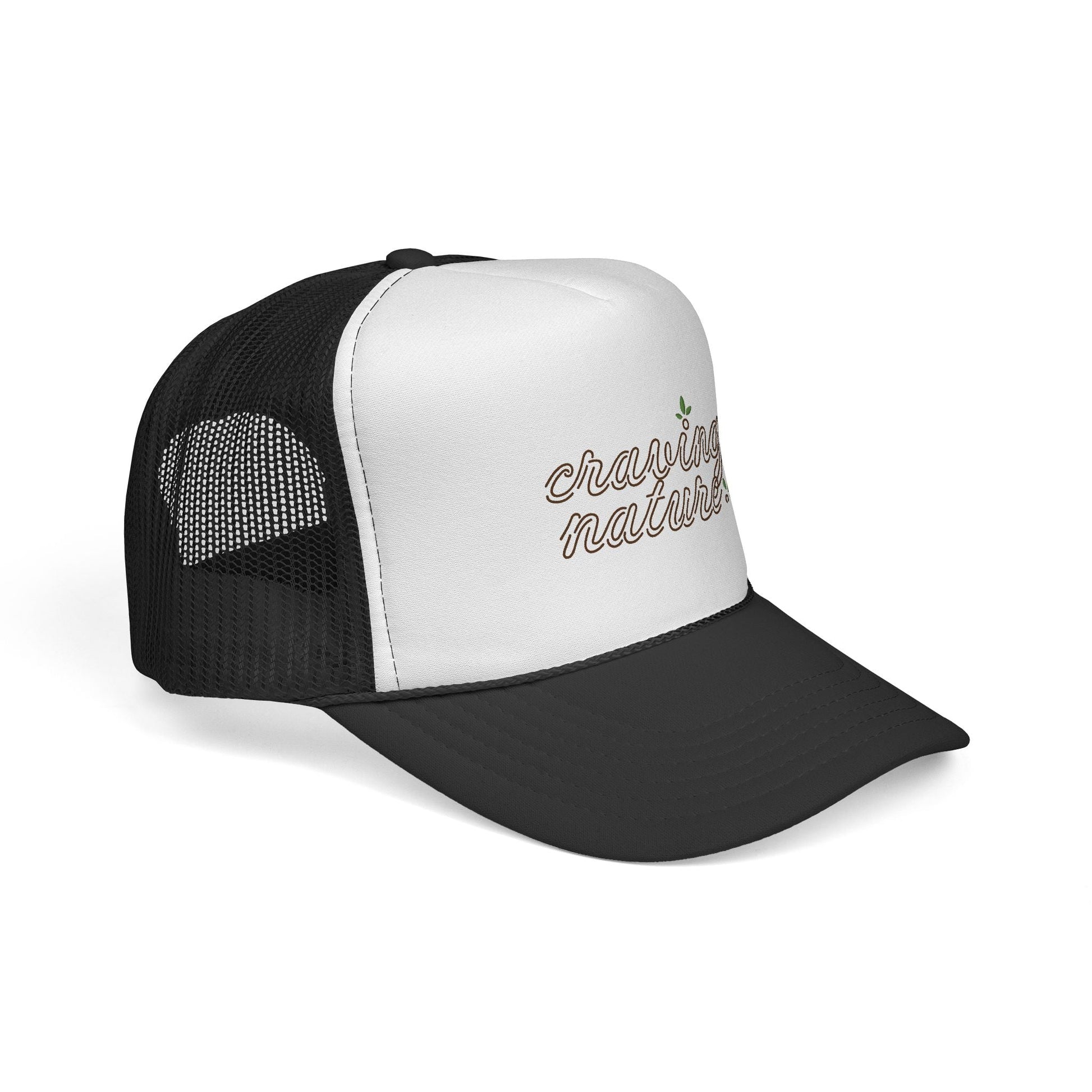 Right side of Retro Trucker Cap, 'Night' version with black bill & mesh in back. White front with 'craving nature' design.