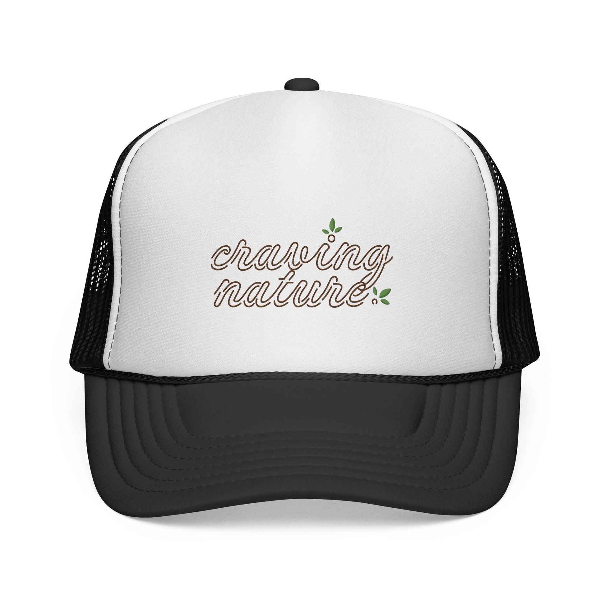 Retro Trucker Cap, 'Night' version with black bill & mesh in back. White front & 'craving nature' design in brown and green.