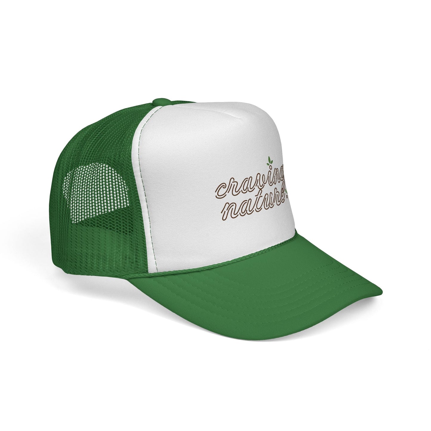 Right side of Retro Trucker Cap, 'Day' version with green bill & mesh in back. White front with 'craving nature' design.