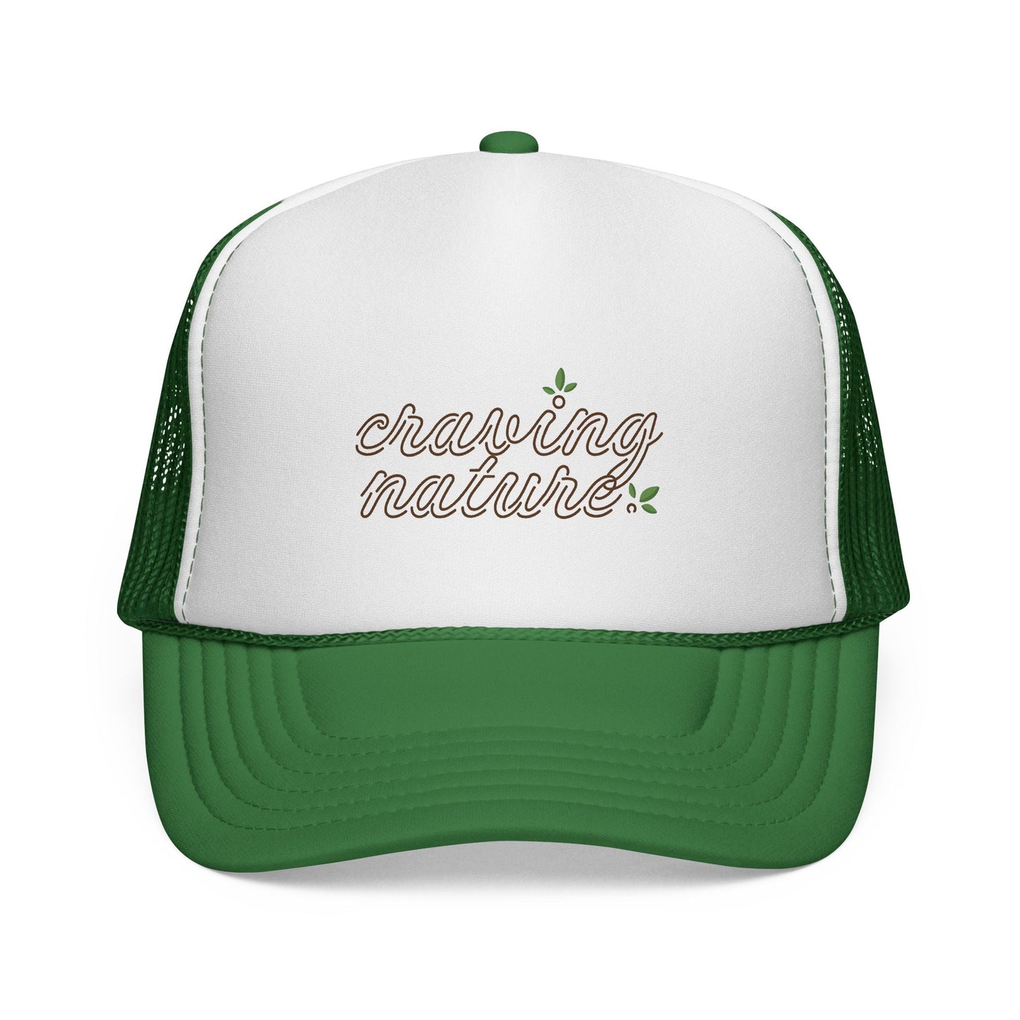 Retro Trucker Cap, 'Day' version with green bill & mesh in back. White front with 'craving nature' design in brown and green.