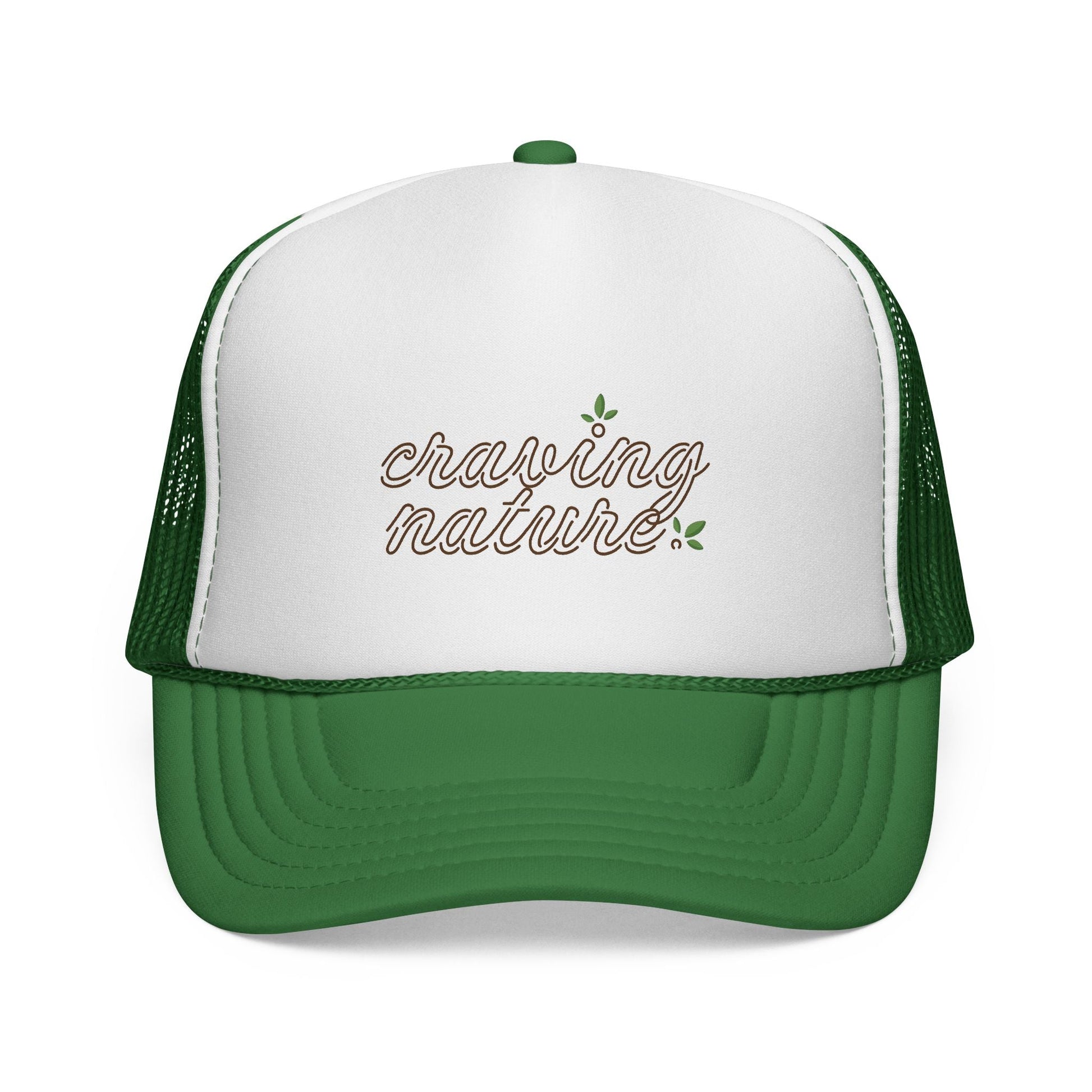 Retro Trucker Cap, 'Day' version with green bill & mesh in back. White front with 'craving nature' design in brown and green.
