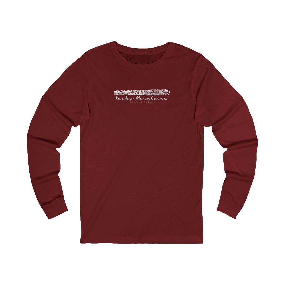 Rocky Mountains Long Sleeve Tee in colour "cardinal" with white DTG print of Rocky Mountains and "craving nature" text.
