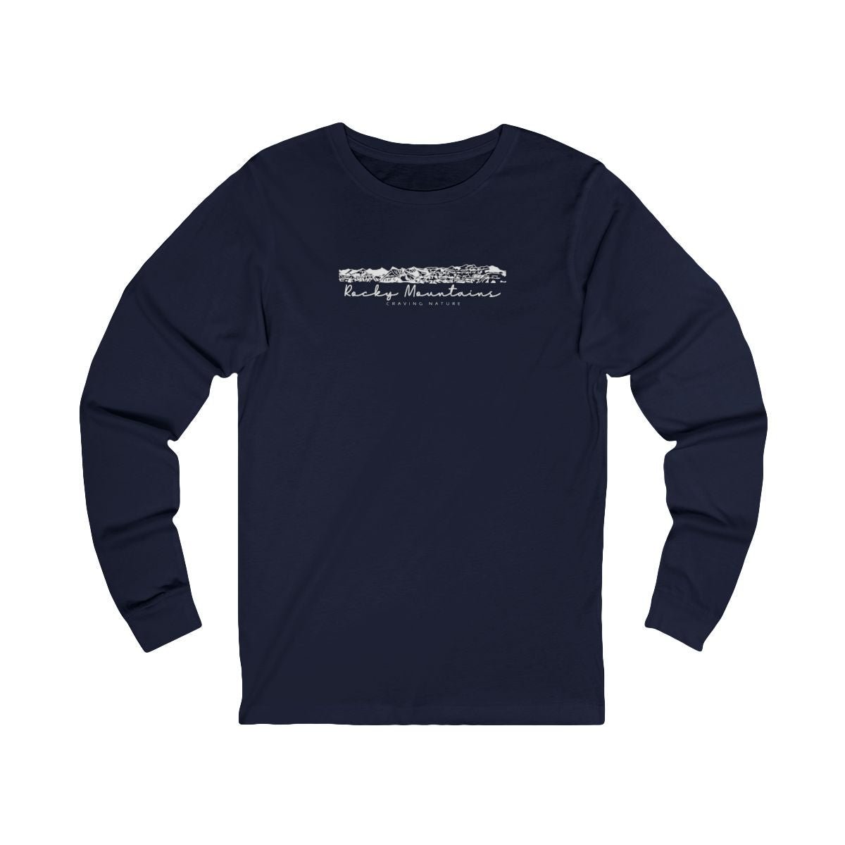 Rocky Mountains Long Sleeve Tee in colour "navy" with white DTG print of Rocky Mountains and "craving nature" text.