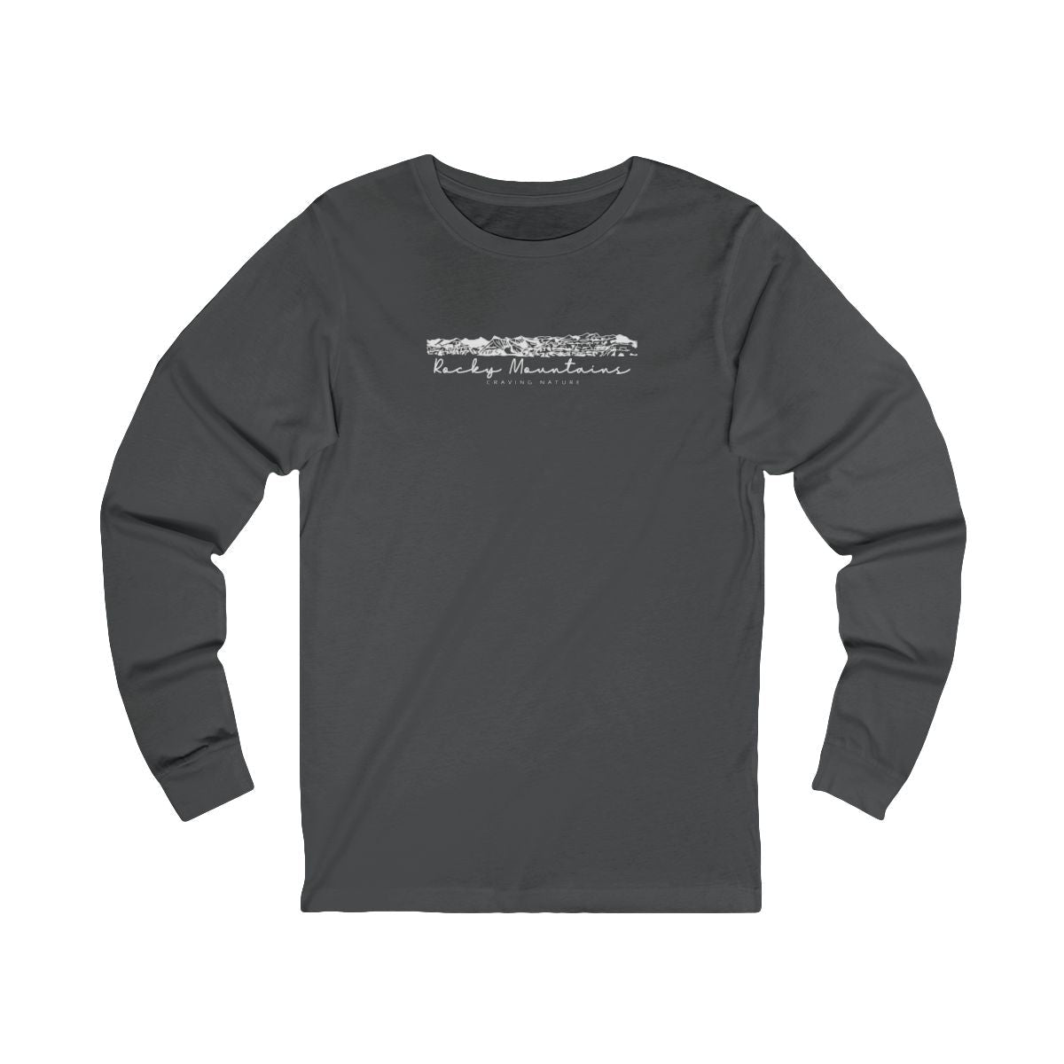 Rocky Mountains Long Sleeve Tee in colour "asphalt" with white DTG print of Rocky Mountains and "craving nature" text.