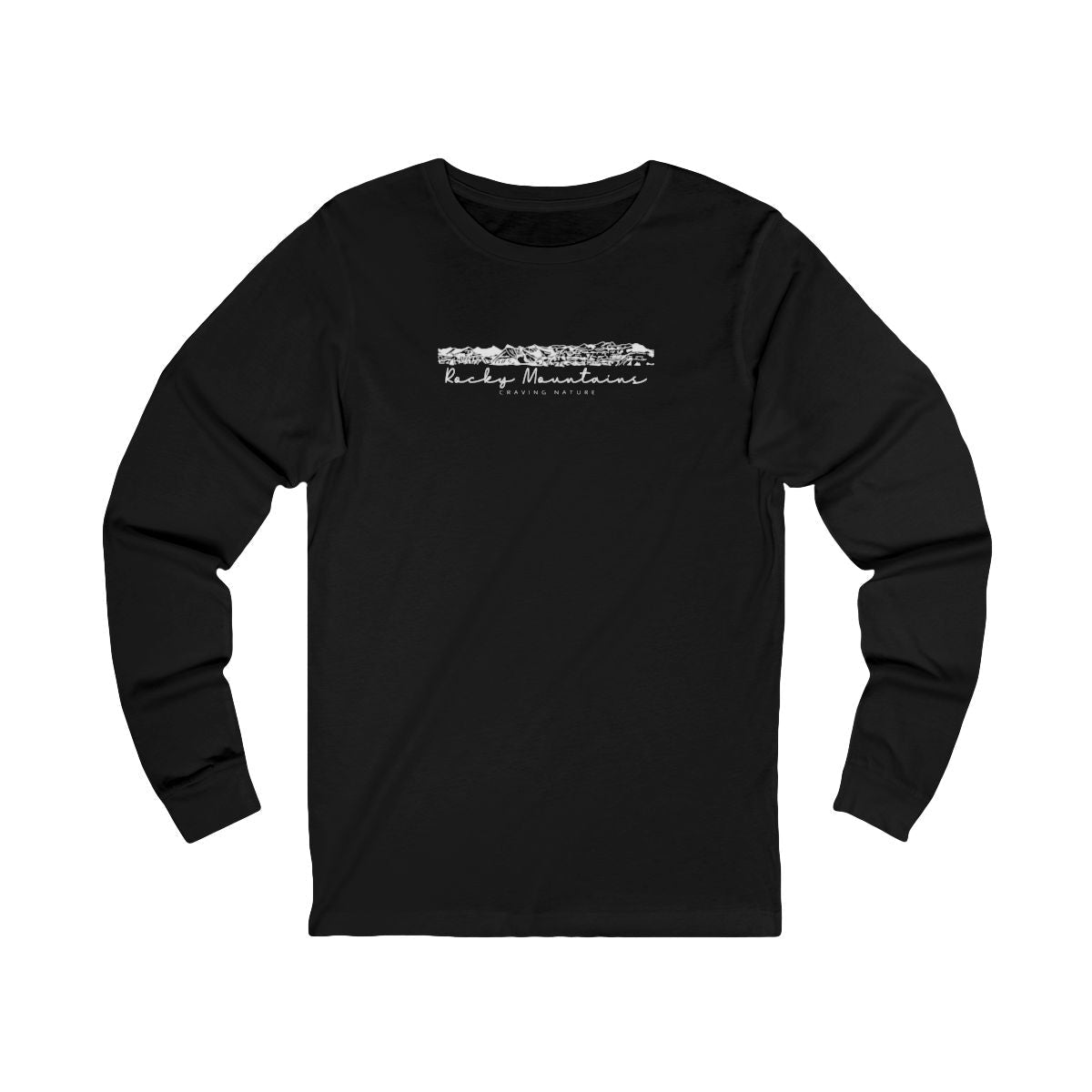Rocky Mountains Long Sleeve Tee in colour "black" with white DTG print of Rocky Mountains and "craving nature" text.