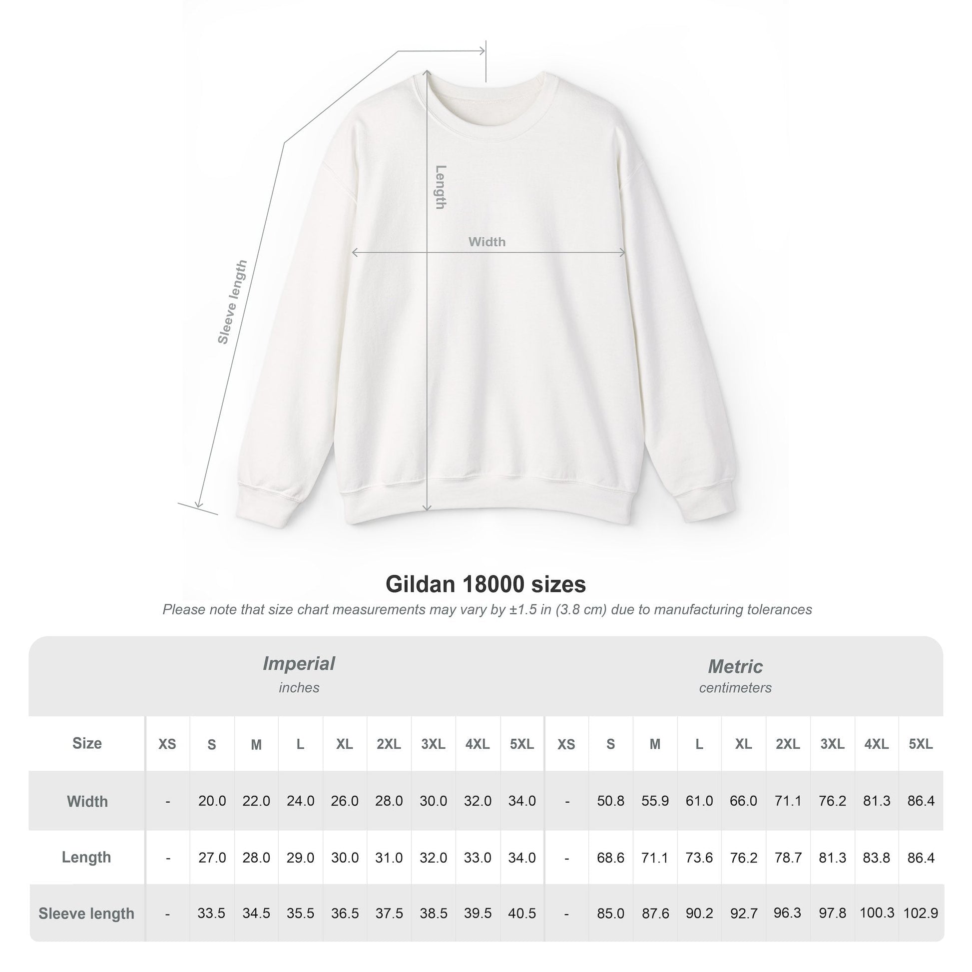 Sizing chart for Crewneck Sweatshirt, Heavy Blend