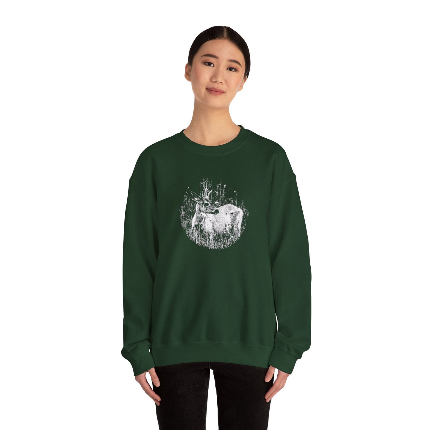 Model displaying fit on woman, 'Young Buck' sweater in 'forest green' colour.