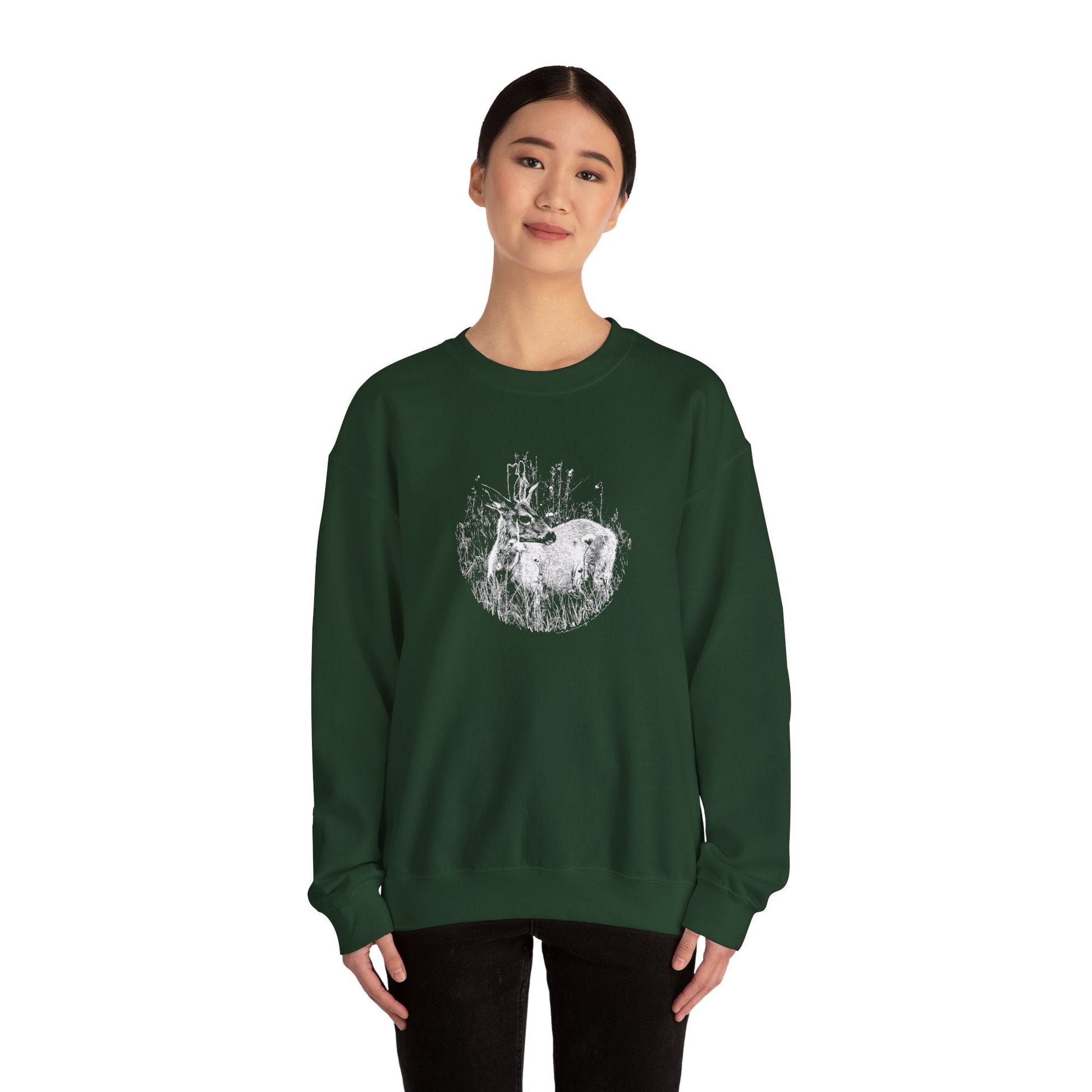 Model displaying fit on woman, 'Young Buck' sweater in 'forest green' colour.