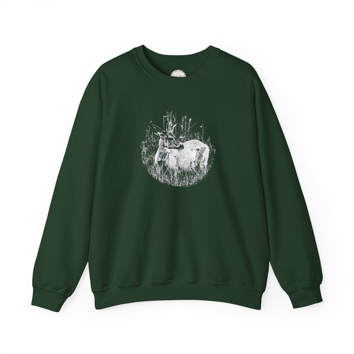 Retro 'Young Buck' Design printed in white on 'forest green' colour fabric. Vintage Deer Crewneck Sweatshirt, Heavy Blend