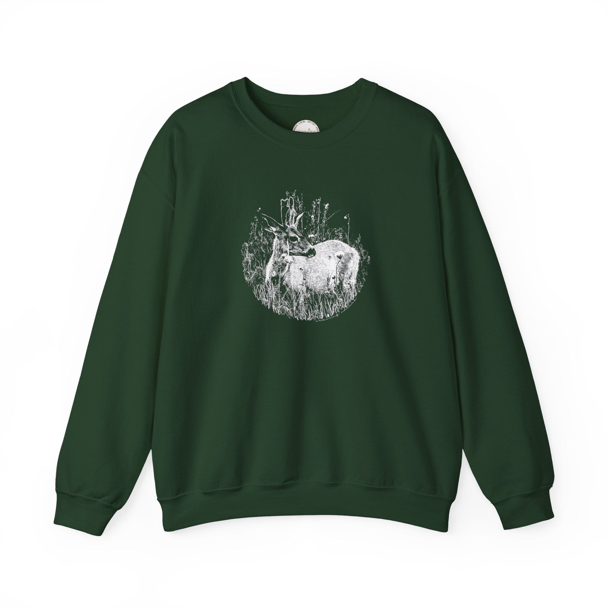 Retro 'Young Buck' Design printed in white on 'forest green' colour fabric. Vintage Deer Crewneck Sweatshirt, Heavy Blend