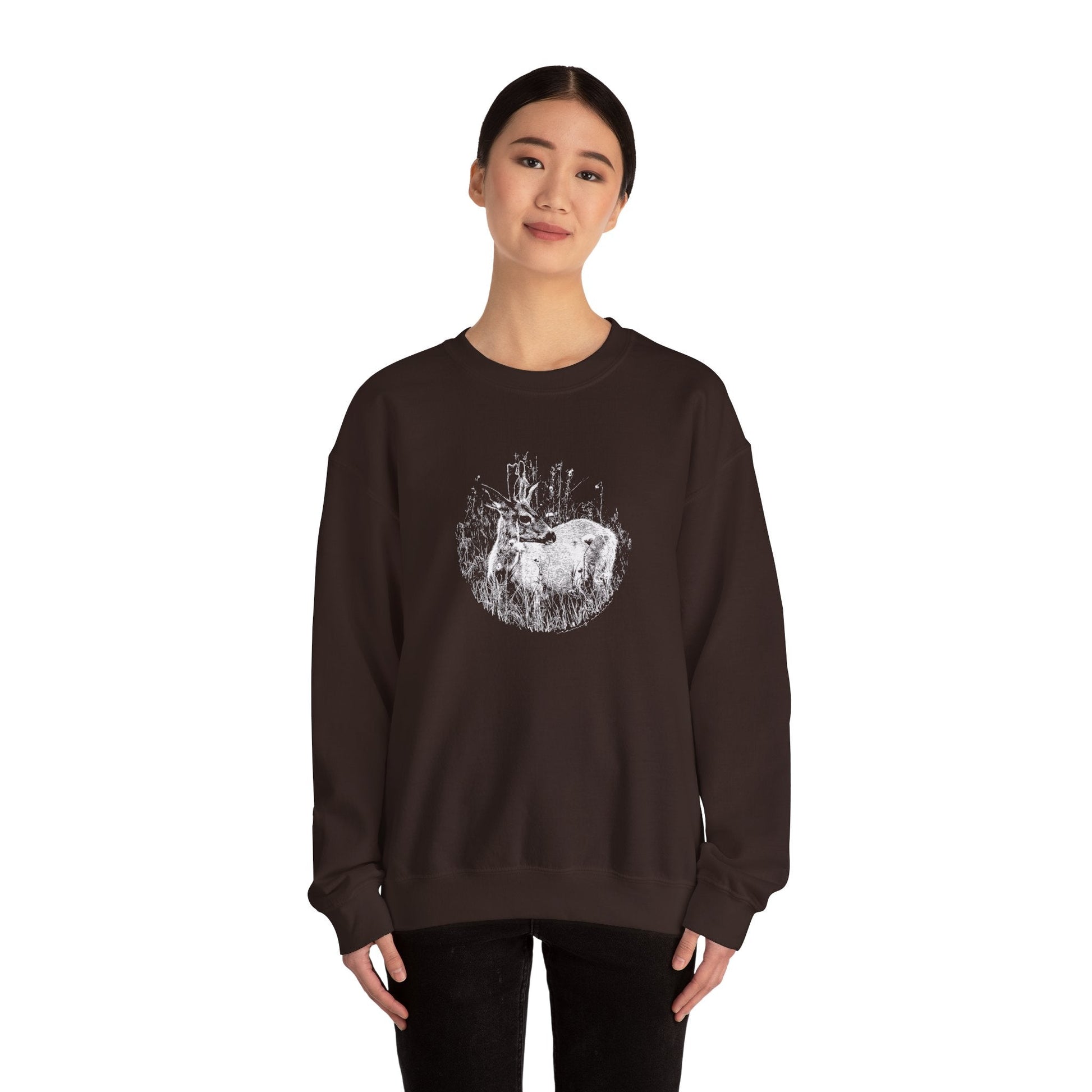 Model displaying fit on woman, 'Young Buck' sweater in 'dark chocolate' brown colour.