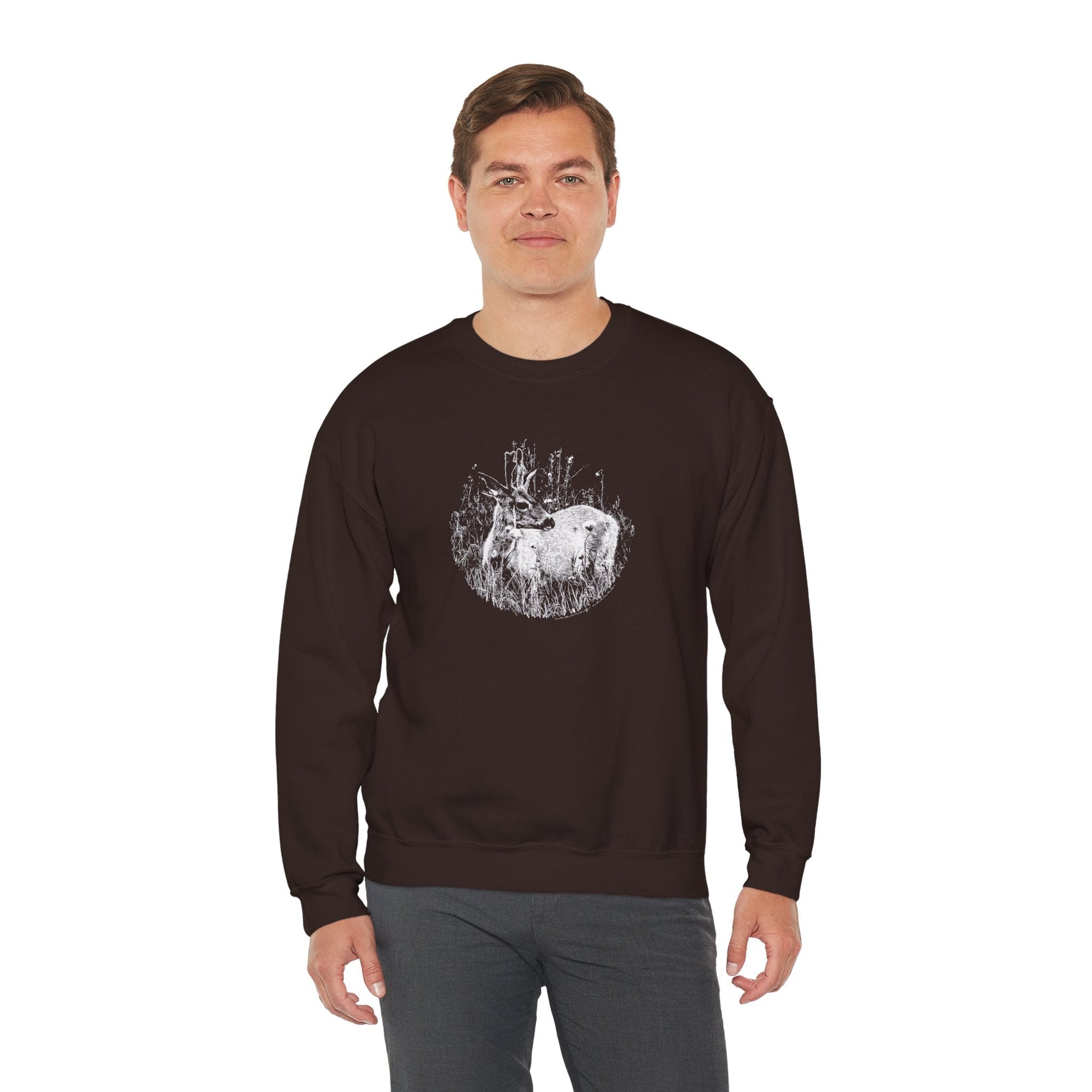 Model displaying fit on man, 'Young Buck' sweater in 'dark chocolate' brown colour.