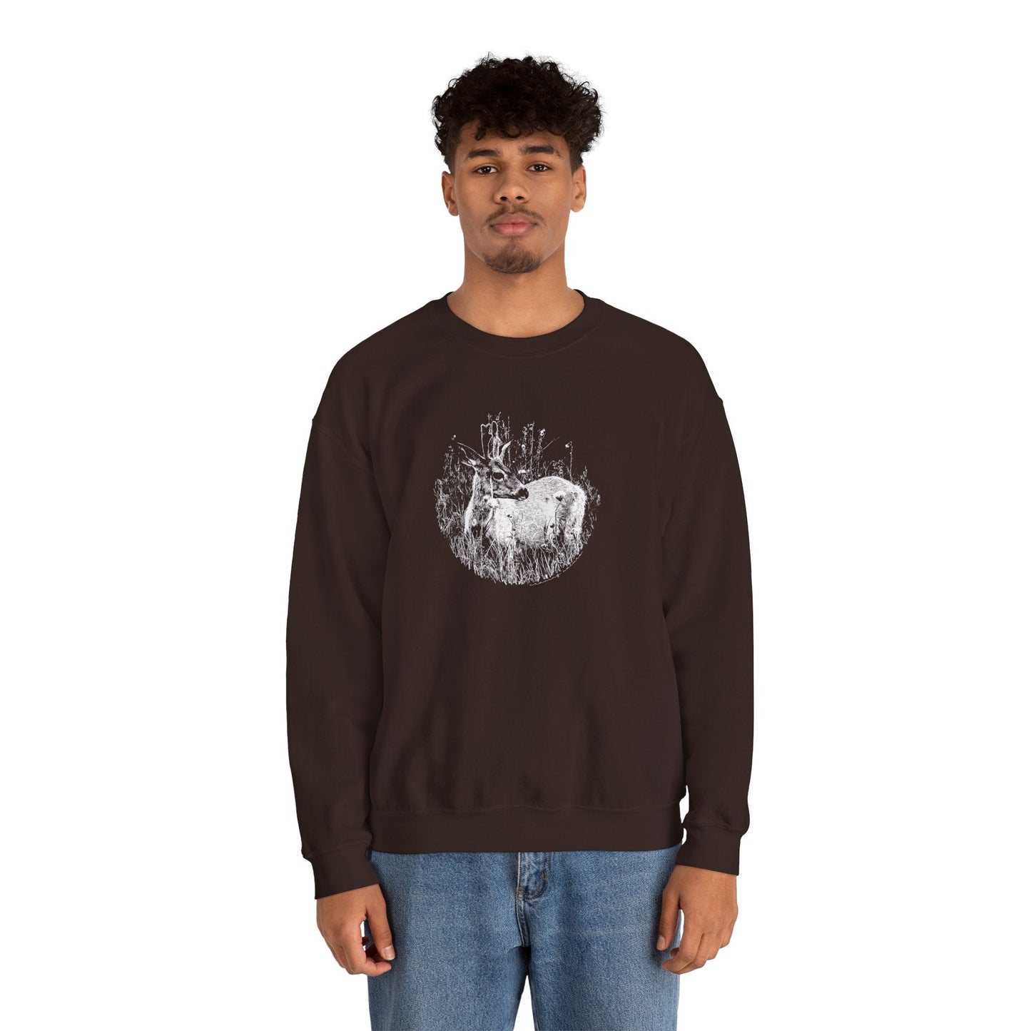 Model displaying fit on man, 'Young Buck' sweater in 'dark chocolate' brown colour.