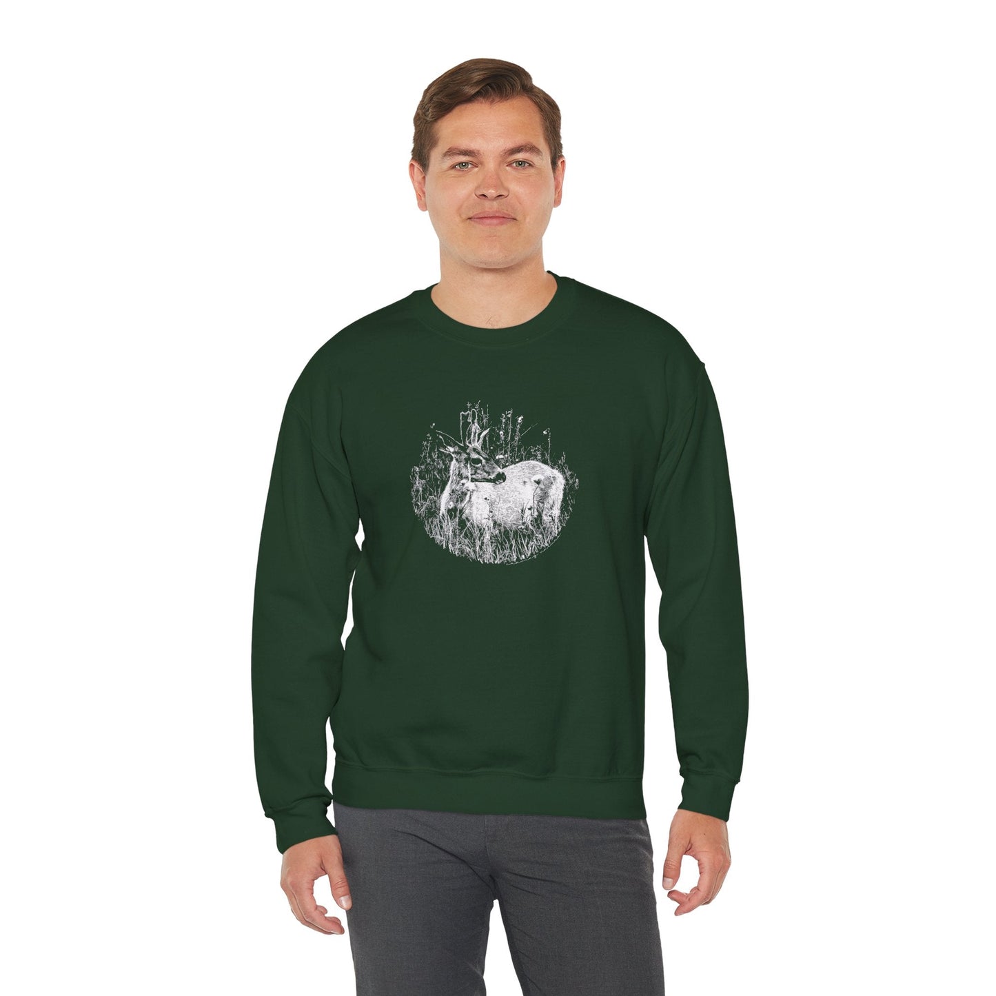 Model displaying fit on man, 'Young Buck' sweater in 'forest green' colour.