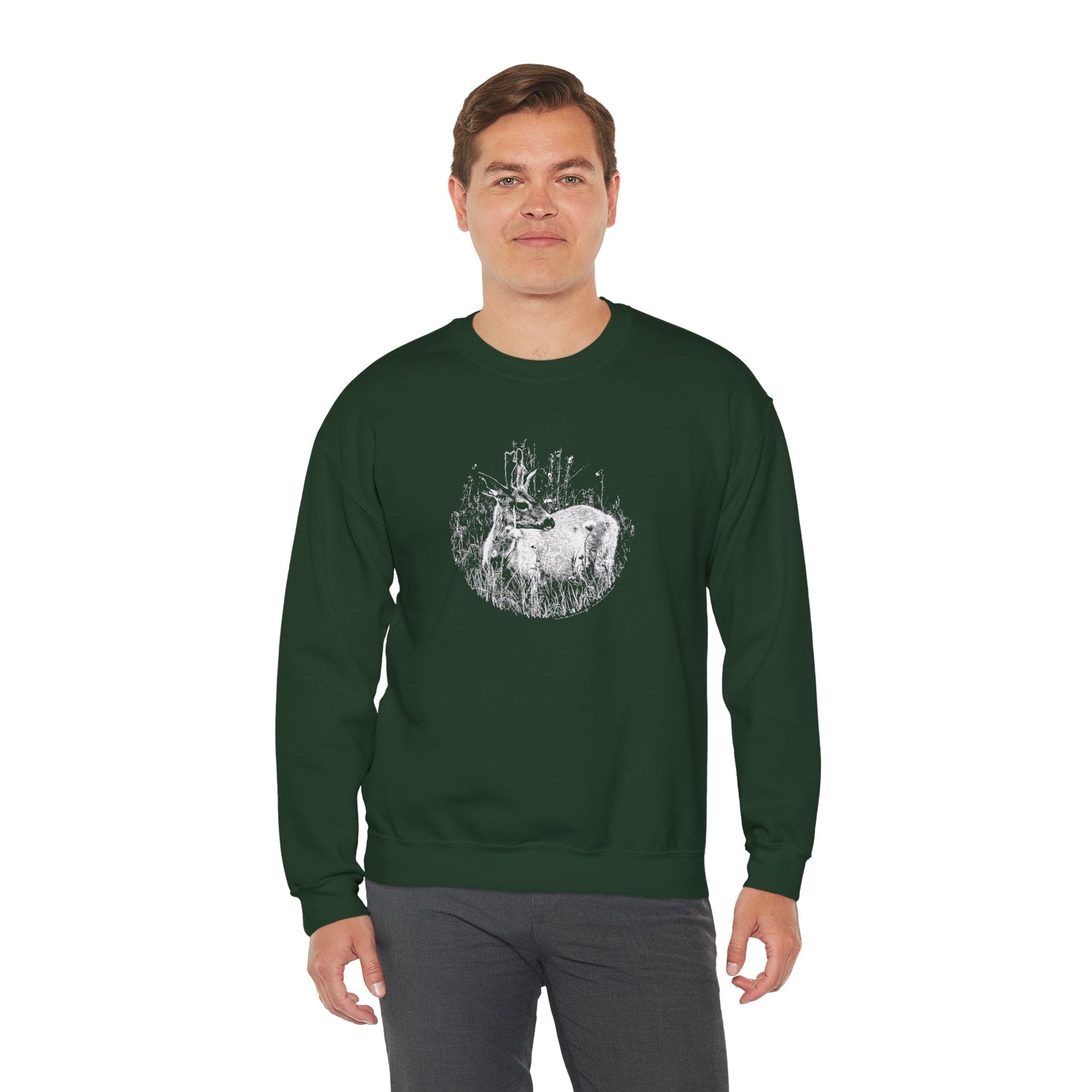 Model displaying fit on man, 'Young Buck' sweater in 'forest green' colour.