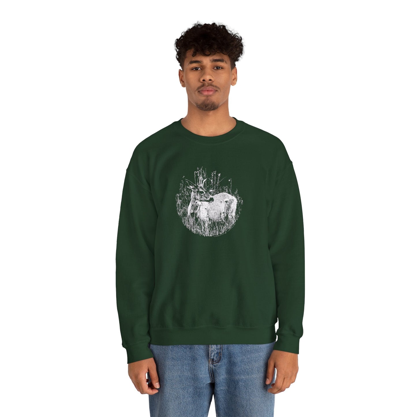 Model displaying fit on man, 'Young Buck' sweater in 'forest green' colour.